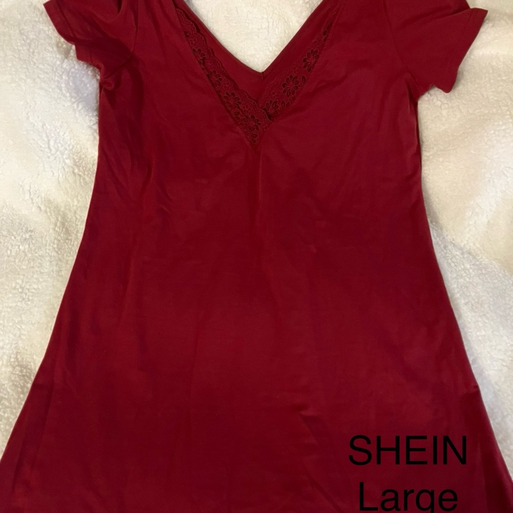 SHEIN Women's Burgundy Lace V-Neck Tee